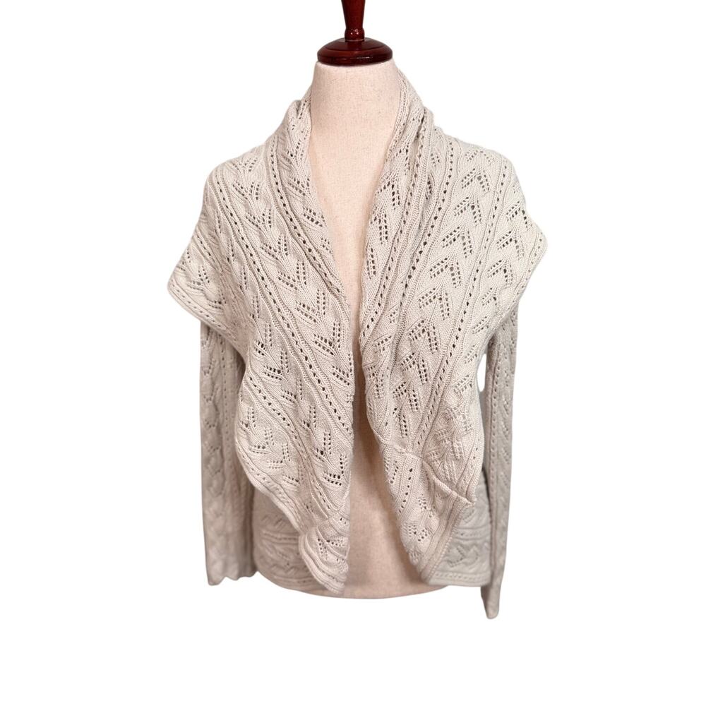 CAbi Circle knit cardigan shrug cream oatmeal open weave open front wrap Sz M